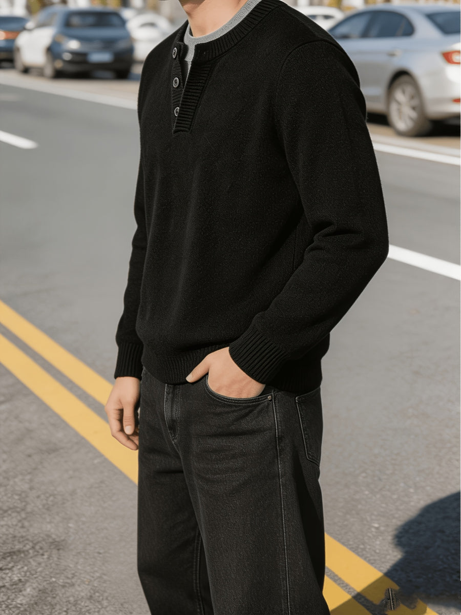 Men'S Thickened Button-Up Knit Sweater Off-Shoulder Sleeve Solid Color Pullover Top, Light Mature Casual Style, Winter Daily Commute Inner Outerwear Sweater - Black