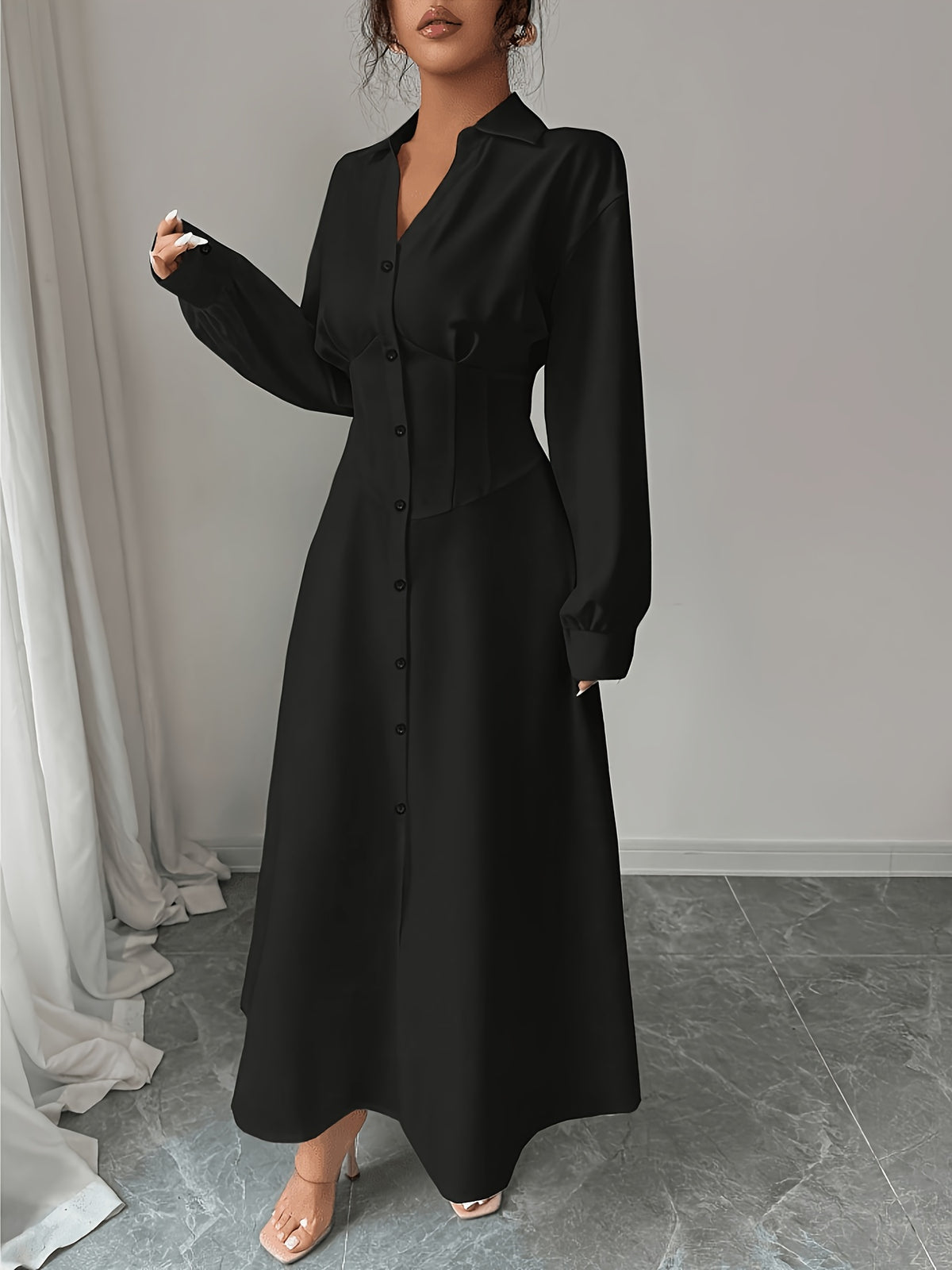 Elegant And Refined Long-Sleeve Shirt with Delicate Collar Mid-Length Skirt in Stylish Solid Color with Fitted Waistline Front-Buttoning Wide A-Line Skirt And Pleated Hem at The Back Perfect for Work Dating Or Formal Events As a Wedding Guest - Black