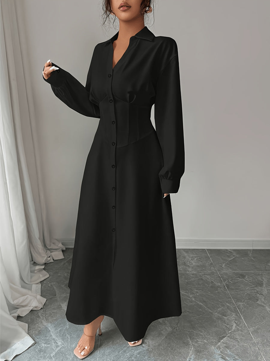 Elegant And Refined Long-Sleeve Shirt with Delicate Collar Mid-Length Skirt in Stylish Solid Color with Fitted Waistline Front-Buttoning Wide A-Line Skirt And Pleated Hem at The Back Perfect for Work Dating Or Formal Events As a Wedding Guest - Black