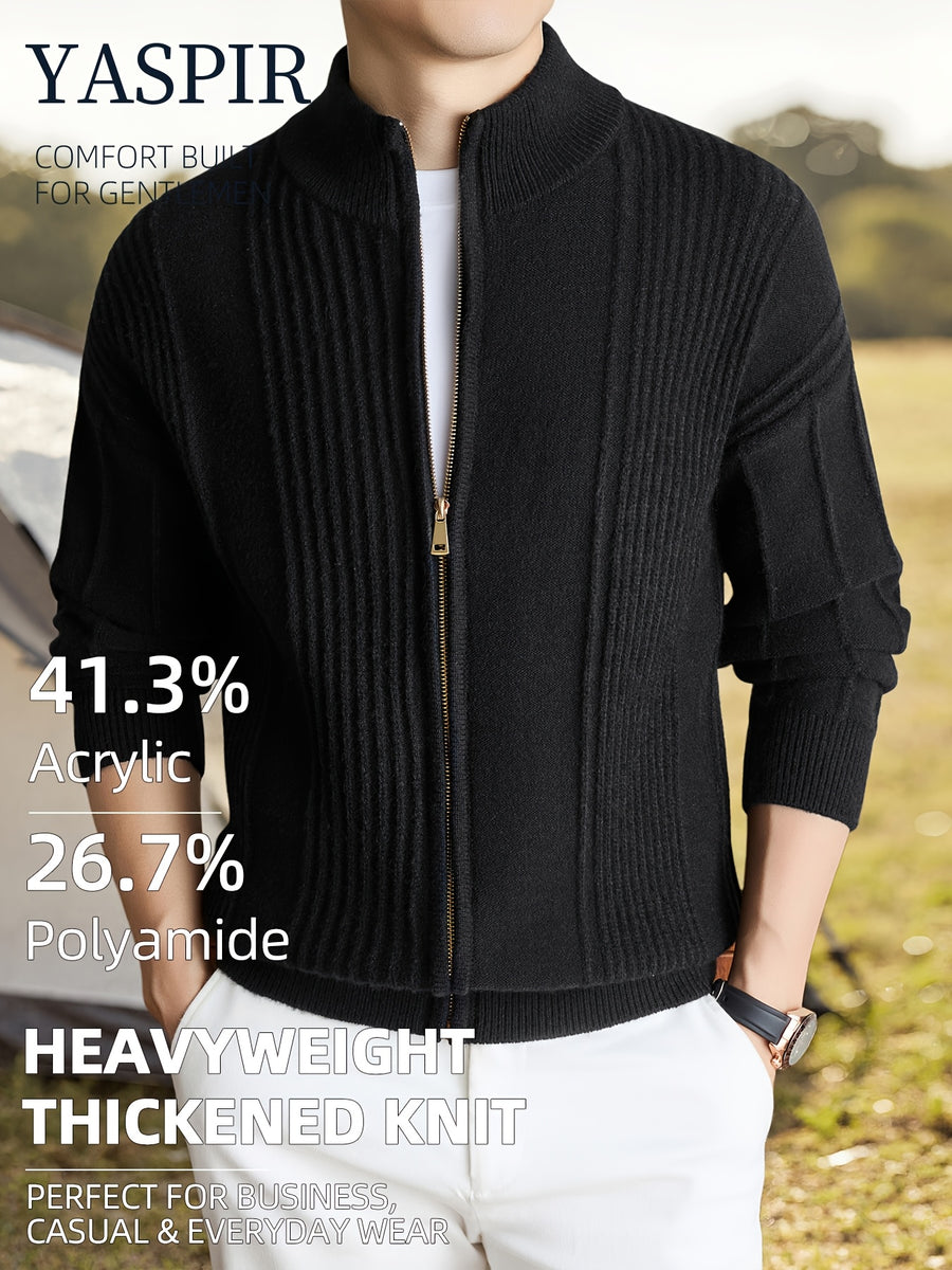 Autumn Winter Men'S Solid Color High Neck Cardigan, Solid Color Striped Design, Casual Elegant Old Money Style, Heavyweight Thick Warm Cold Resistant, Suitable for Daily Casual Sports Outdoor Camping Fishing Wear, Ideal Father'S Day Gift - Black