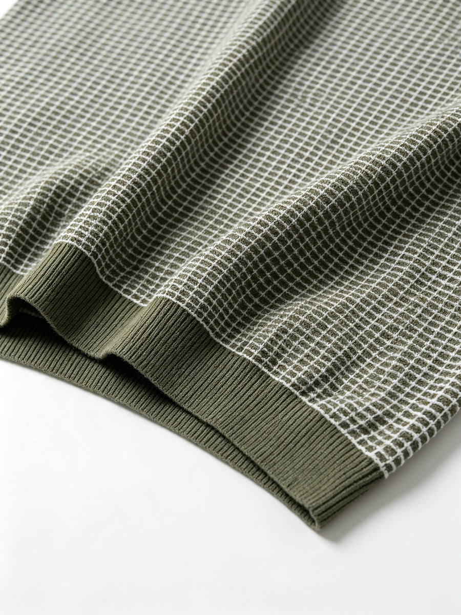 Men's Polo Collar Short Sleeve Waffle Knit Top, Solid Color Lightweight Breathable Casual Pullover - Olive Green