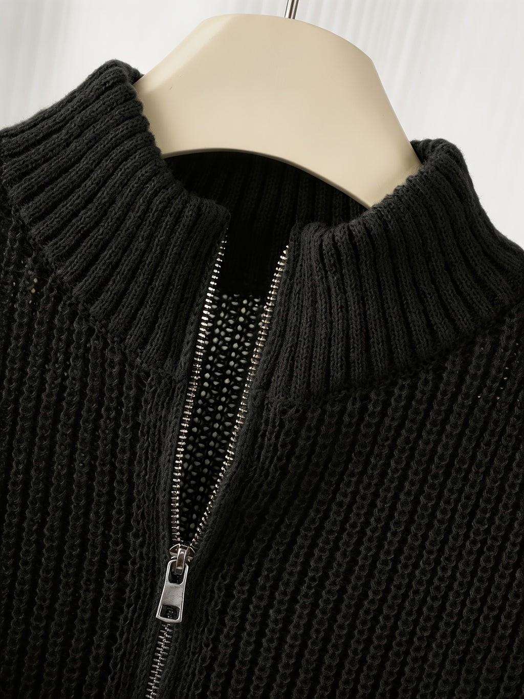 Women's Half-Zip Stand Collar Sweater, Loose Fit Ribbed Cable Relaxed Top, Gavin - Black