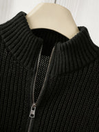 Women's Half-Zip Stand Collar Sweater, Loose Fit Ribbed Cable Relaxed Top, Gavin - Black