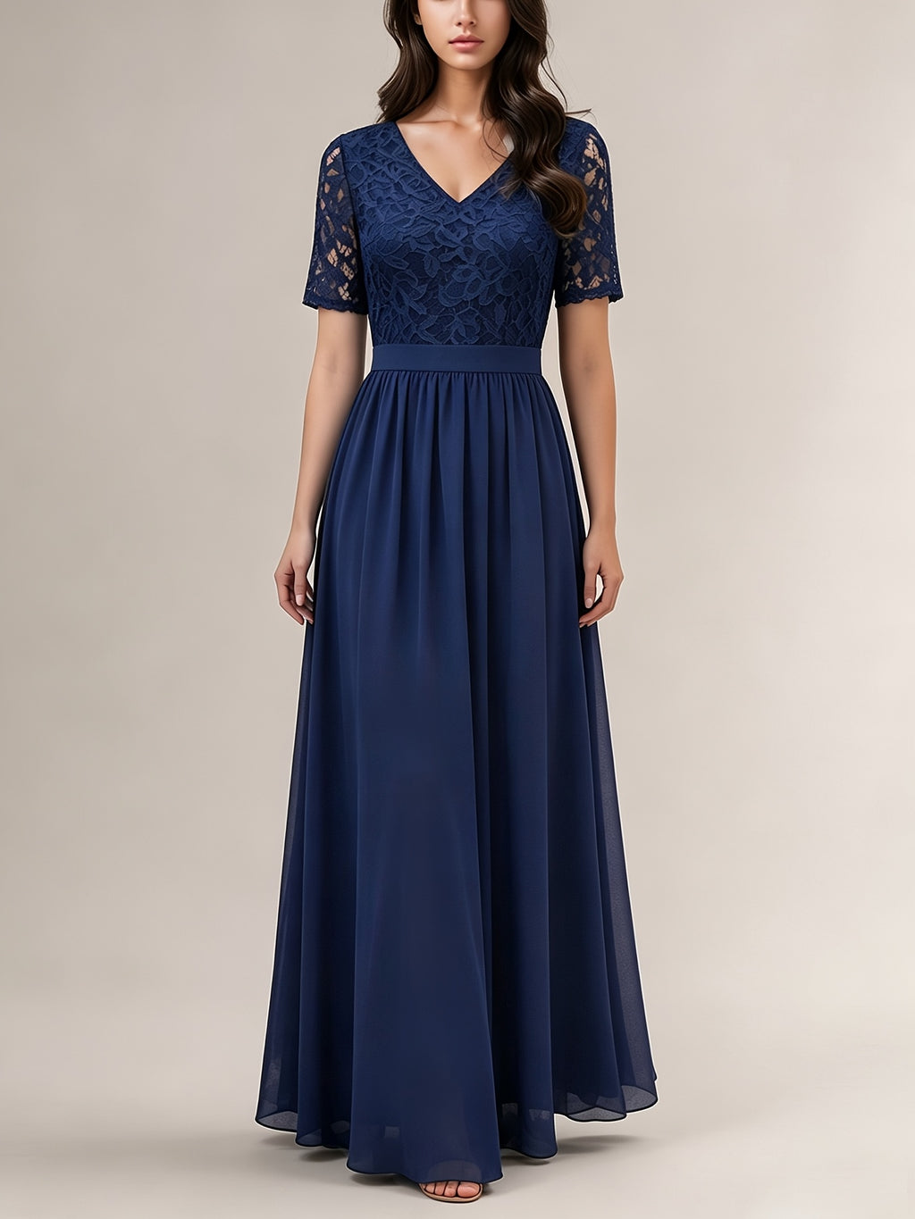 New Western Dress Lace Patchwork Long Waist-Cinching Noble Evening Dress Chiffon Dress - Navy Color
