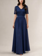 New Western Dress Lace Patchwork Long Waist-Cinching Noble Evening Dress Chiffon Dress - Navy Color