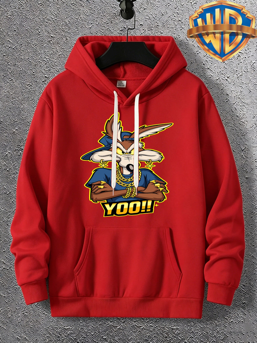 Warner Licensed Men'S Autumn Hooded Sweatshirt, Reinforced Ribbed Cuffs, Breathable Polyester Fabric, Hip-Hop Street Style Distorted Heart Wolf Pattern, Suitable for Retro Hip-Hop Outfits, Urban Trendy Men, Practical Kangaroo Pouch - Bright Red