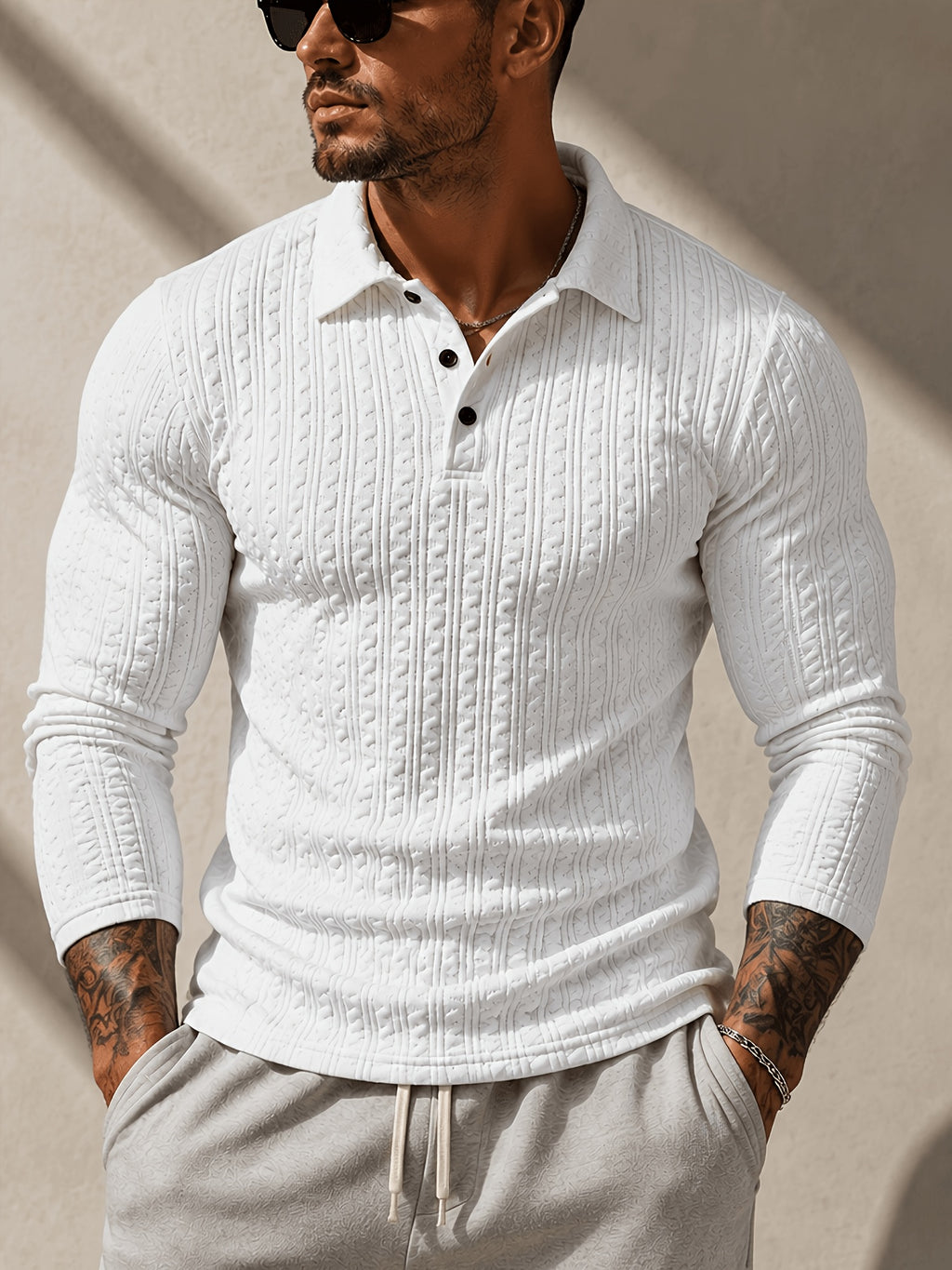 Men's Fashion Men's Top Autumn/Winter Textured Jacquard Fabric Lapel Single-Breasted Long Sleeve Men's Polo Shirt - White