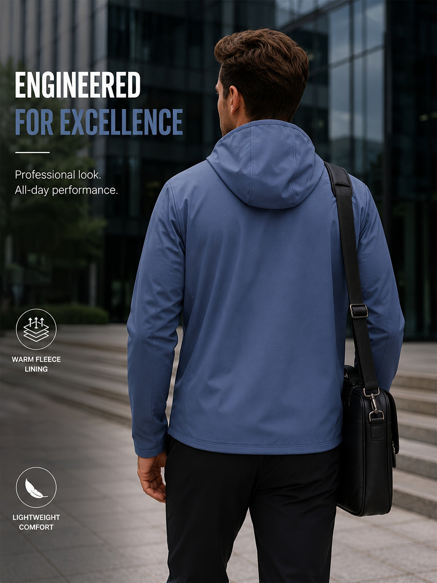 Men's Full-Zip -Lined Hooded Jacket, Lightweight Warm Softshell Outerwear, Men's Fashion Hoodie, Loose and Stretchy, Business Casual Outdoor Hoodie, Thermoregulating Top, Suitable for Office, Commuting, Travel, and Daily Autumn/Winter Wear - Grey-blue