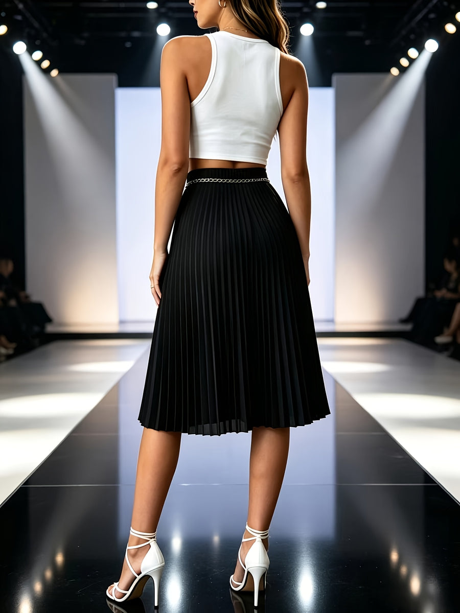 Women'S Premium Flowy Pleated Skirt, Side Slit Drape A-Line Midi Skirt, Removable Chain Detail High-Waist Pleated Skirt - Black