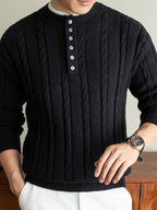 Men's 2-in-1 Look Henley Neck Cable Knit Sweater, Suitable for Commuting and Daily Wear, Ideal for Wearing Alone in Spring and Autumn, or as a Layering Piece in Winter. -SINBOS - Black
