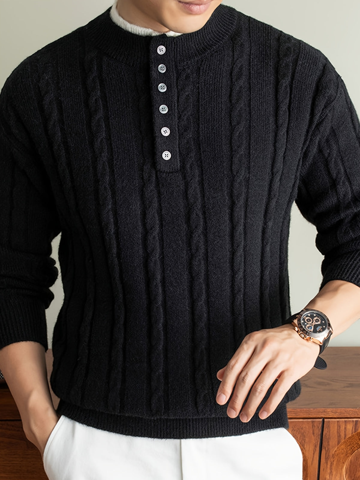 Men's 2-in-1 Look Henley Neck Cable Knit Sweater, Suitable for Commuting and Daily Wear, Ideal for Wearing Alone in Spring and Autumn, or as a Layering Piece in Winter. -SINBOS - Black