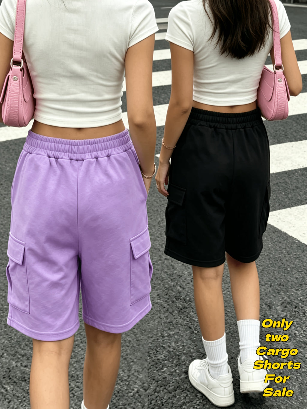 Style Printed Cargo Bermuda Shorts 2Pcss Set, Loose Wide-Leg Cut to Conceal Thigh, Elastic Drawstring High-Waist Fit Waistband Non-Tight, Soft And Breathable Fabric Suitable for Daily Outings, Campus Commute, And Home Walks - Purple+black