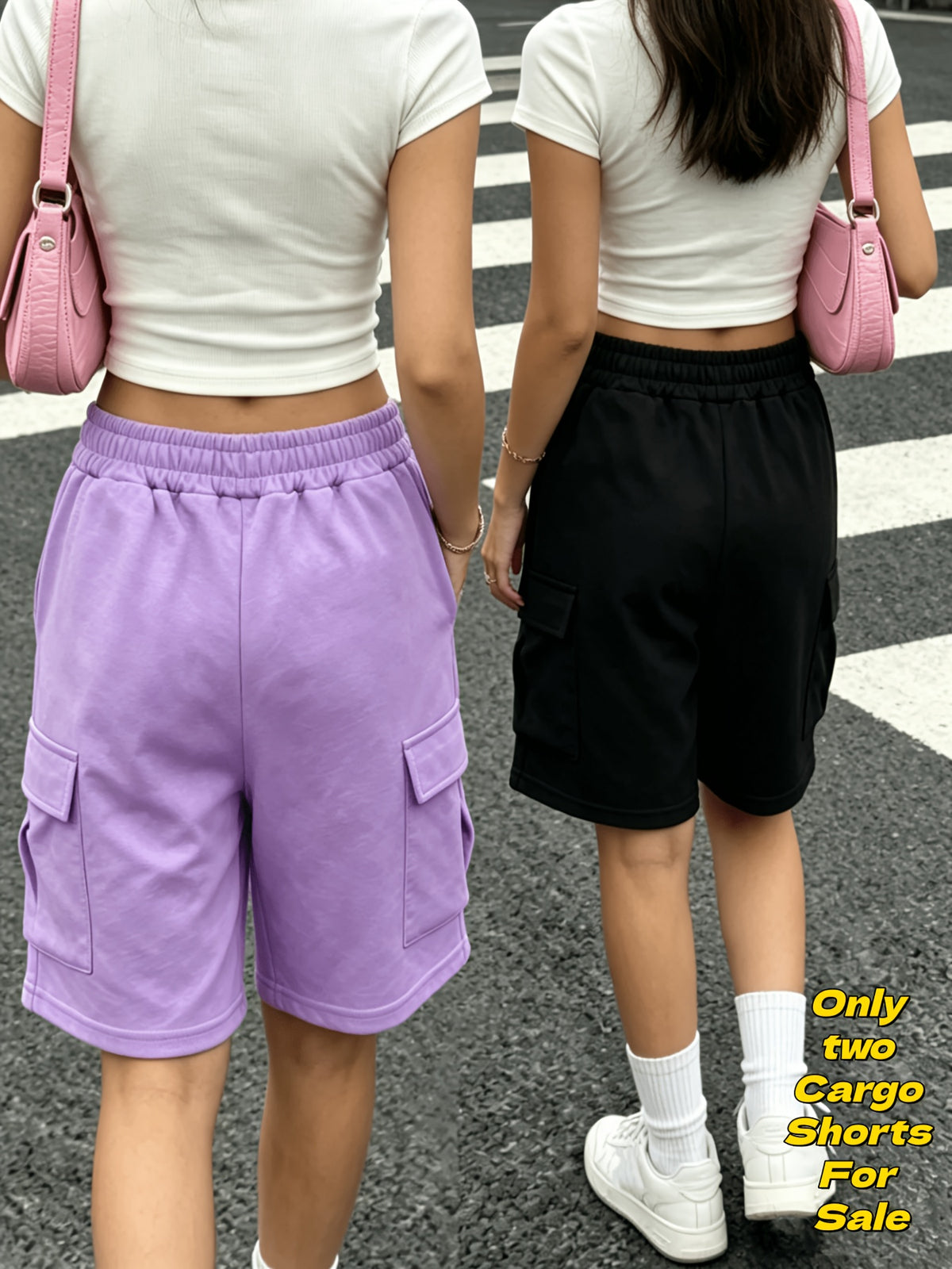 Easy Heart Print Cargo Shorts 2pcs Set, High-Waist Drawstring Bermuda Cut Shaping Leg Line, Dual-Side Utility Pockets Aesthetic And Practical, Soft Skin-Friendly Fabric Comfortable for Long Wear, Daily Commute, Stroll, Date Versatile - Purple+black