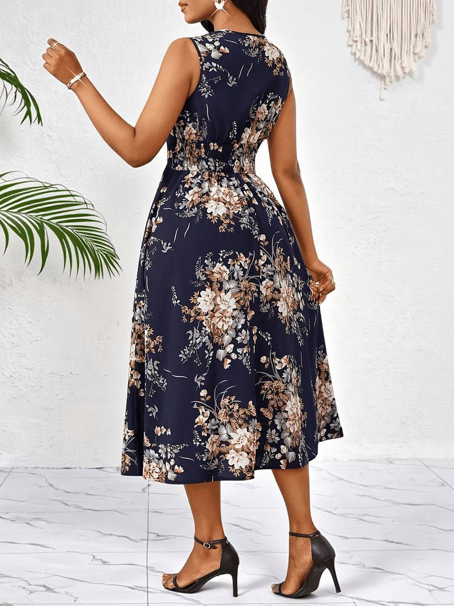 Summer Elegant Women'S Printed Sleeveless Dress, Casual Comfortable Easy Mid-Length Skirt for Summer, Temperament Outing Fashion Dress Women'S Clothing - Navy blue color