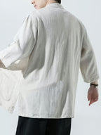 New Chinese Style Men'S Half-Sleeved Casual Shirt, Classic 5pcs Button-Up Men'S Shirt, Comfortable And Breathable Linen Blend Men'S Top - White