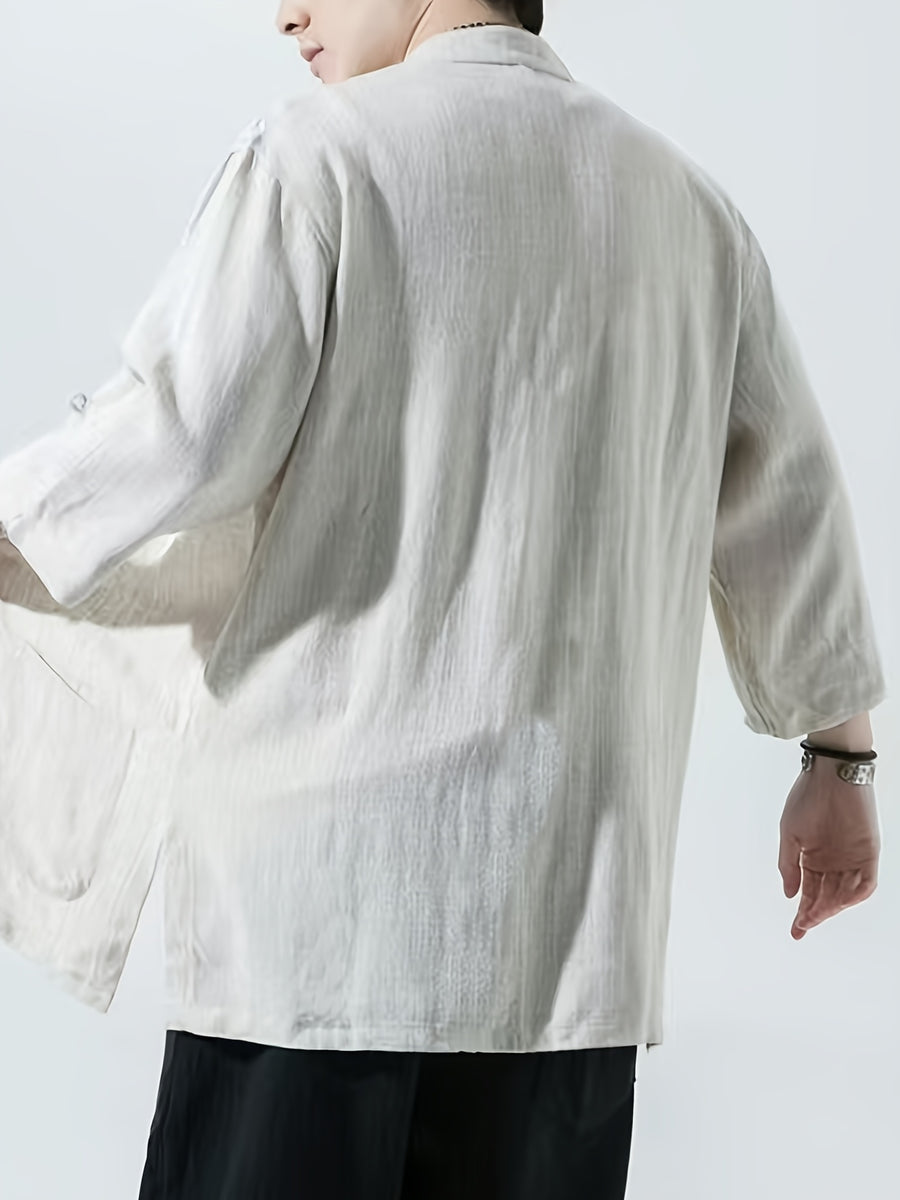 New Chinese Style Men'S Half-Sleeved Casual Shirt, Classic 5pcs Button-Up Men'S Shirt, Comfortable And Breathable Linen Blend Men'S Top - White