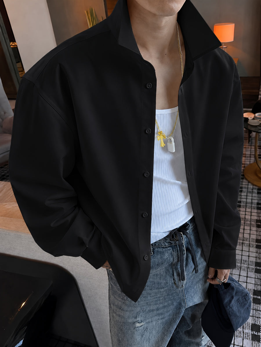 Solid Color Long Sleeve Shirt for Men, Fashionable Spring/Autumn Casual Loose White Shirt, Daily Commute Business Workwear, Korean Style Temperament Top Shirt Jacket - Black