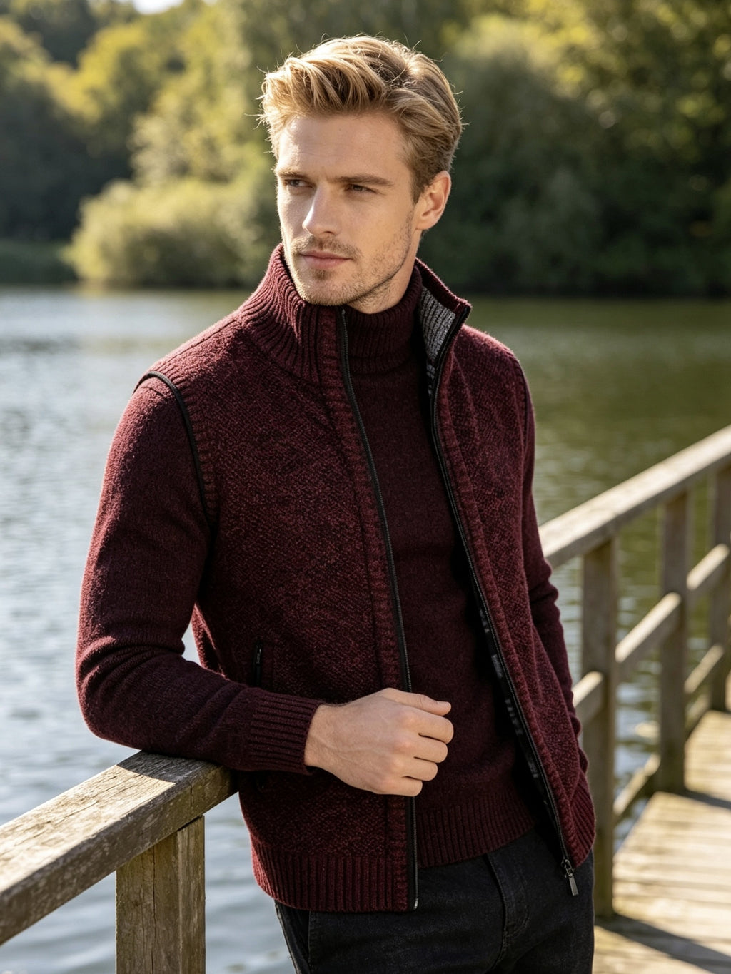 Men'S Stand Collar Zip-Up Vest, Thick Warm Sleeveless Sweater Waistcoat Gilet, Casual Fall Winter Outerwear Sleeveless Cardigan for Daily Commute Outdoor Street Wear - Burgundy