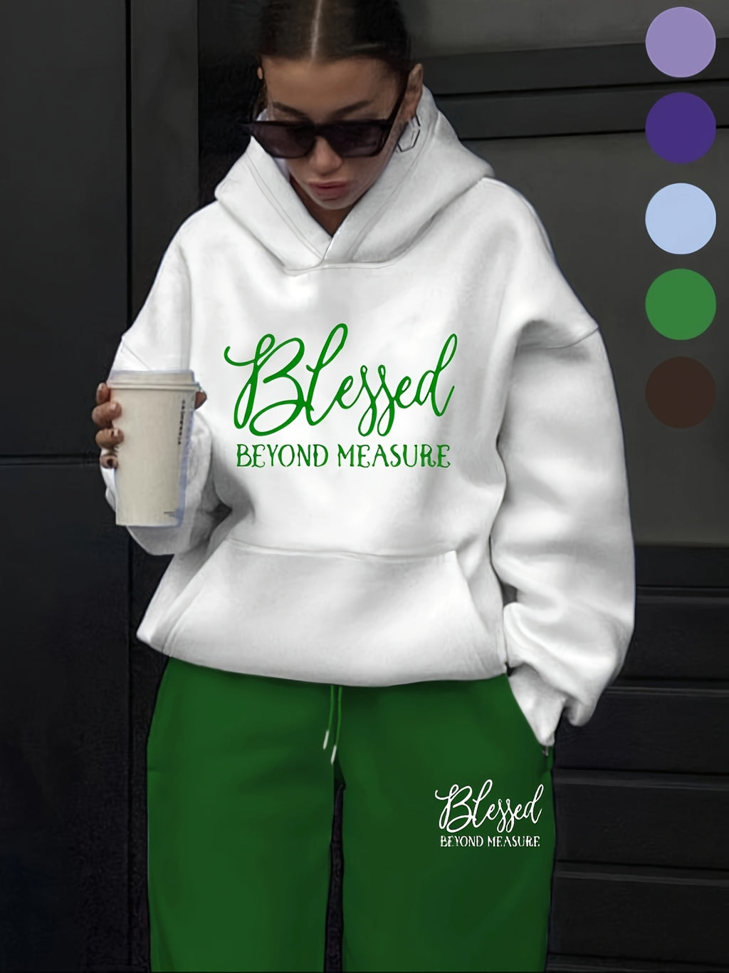 Women'S Fashion Casual Letter Pattern Print Set Women'S Autumn And Winter High-End Fashionable Street Style Age-Reducing Fleece Hooded Sweatshirt Casual Pants Two-Piece Set Casual Versatile Hooded Set Women'S Clothing Women'S Set Gift Preferred - White+Green