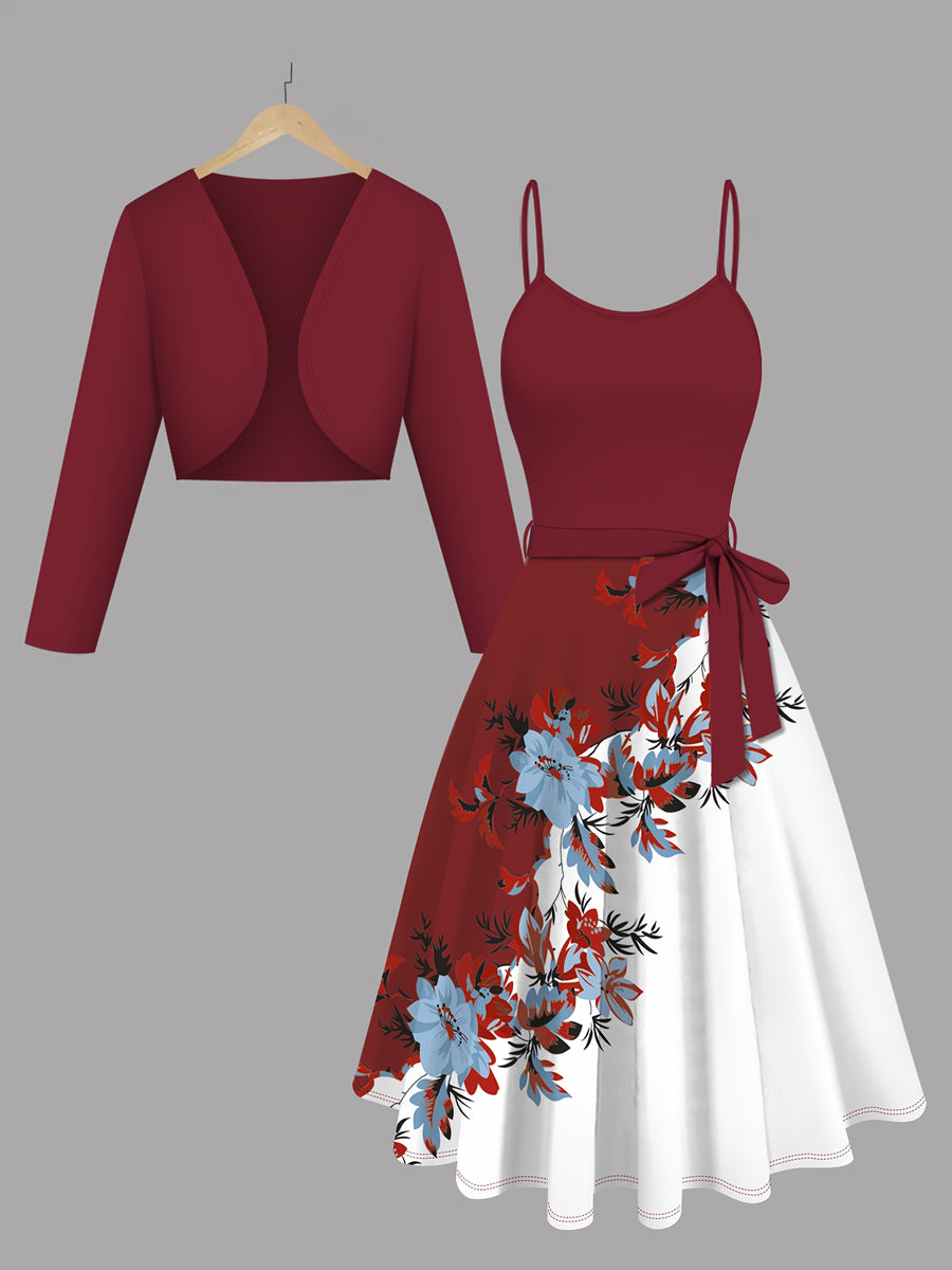 Women's Suit Blue Cardigan Jacket and Flower Print Contrasting Color Suspender Dress with Lace-up 2pcs Set Temperament Daily Party Ladies' Clothing - Red