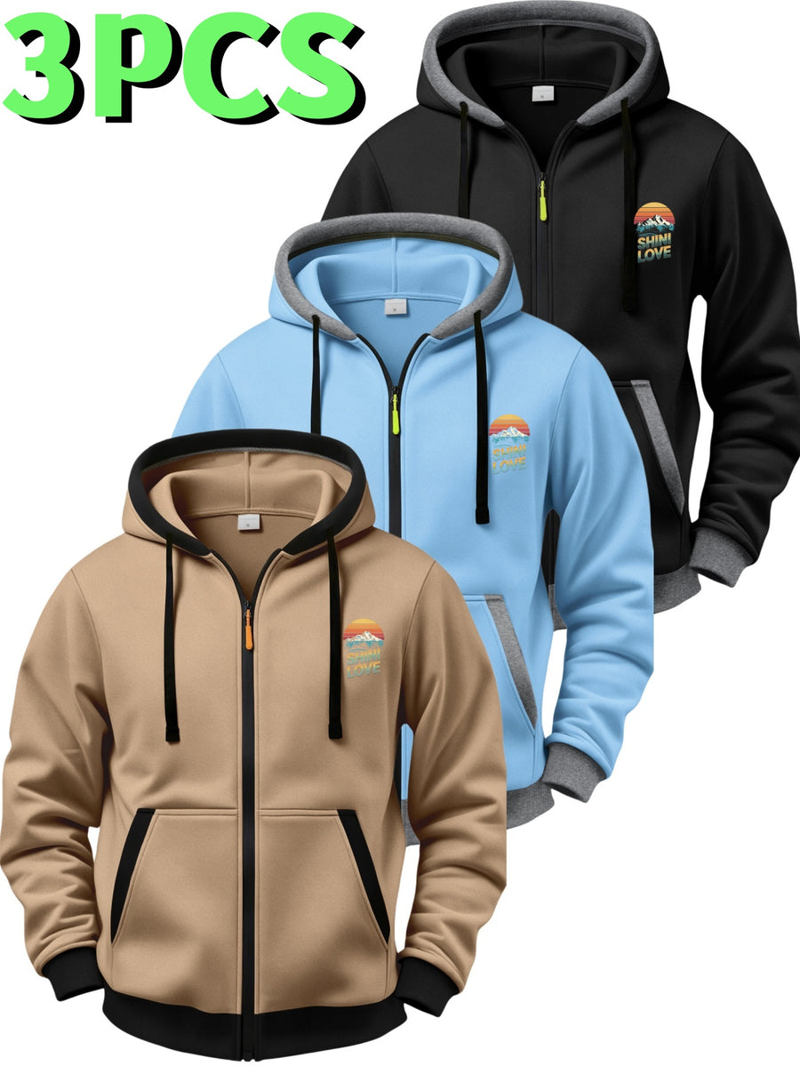 3pcs Set Vintage Sunset Mountain Peak Letter Small Print Zip-Up Hooded Sweatshirt for Men and Women, Spring/Autumn Contrast Trim Full-Zip Cardigan Jacket, Outdoor Mountain Style Loose Fit Casual 3pcs Versatile Zip-Up Hoodie Set - Black+Sky Blue+Khaki