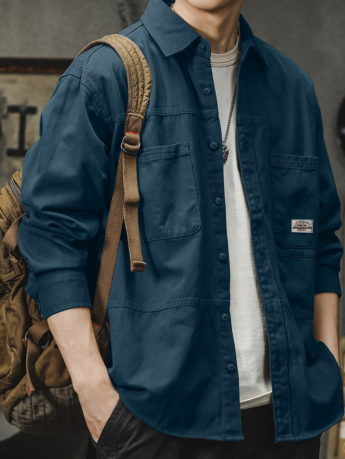 Men'S Cargo Shirt Spring Autumn Long Sleeve Top Vintage Workwear Style Multi-Pocket American Casual Top Outerwear, New Season - Navy Color