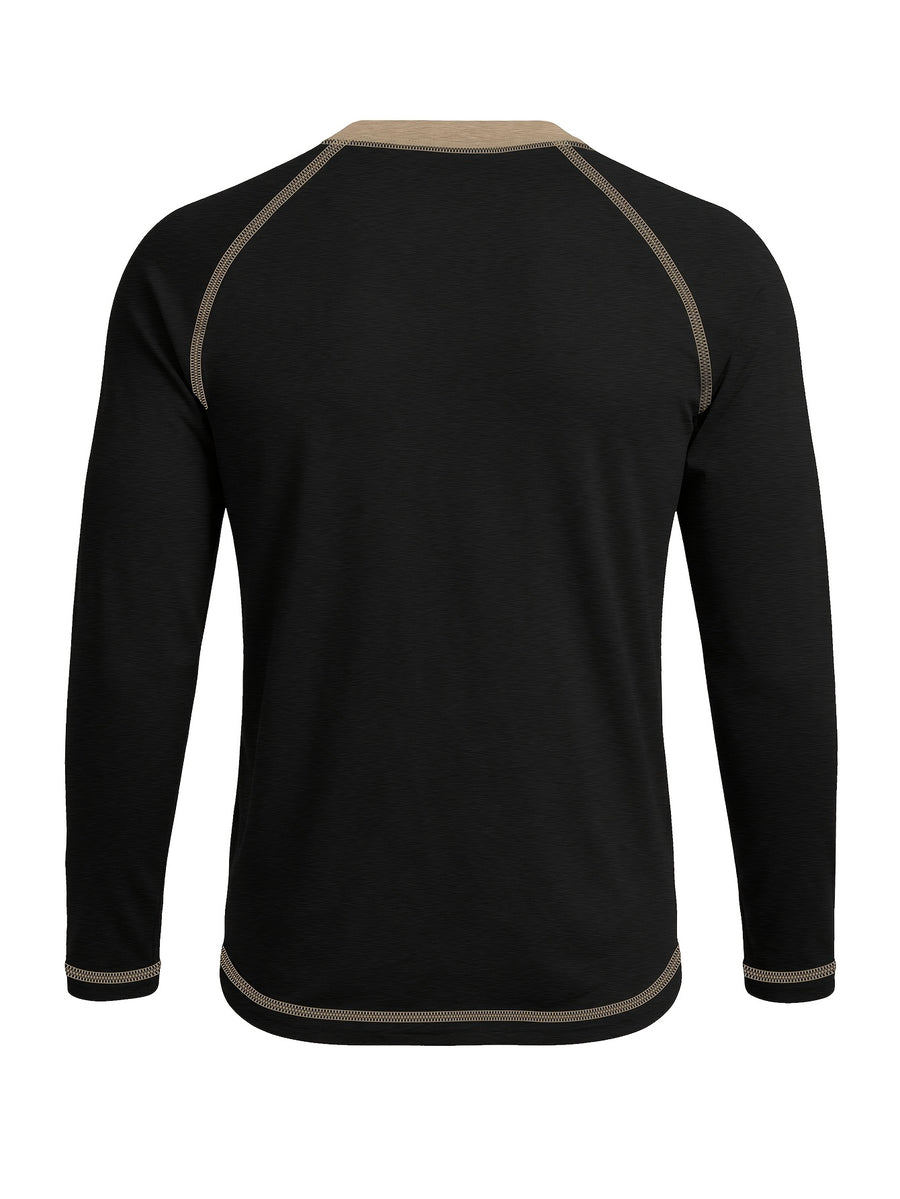Cross-Border New Men'S Long Sleeve Round Neck T-Shirt, Outwardly Oriented Western Men'S Clothing Color-Blocked Top Base Layer - Black