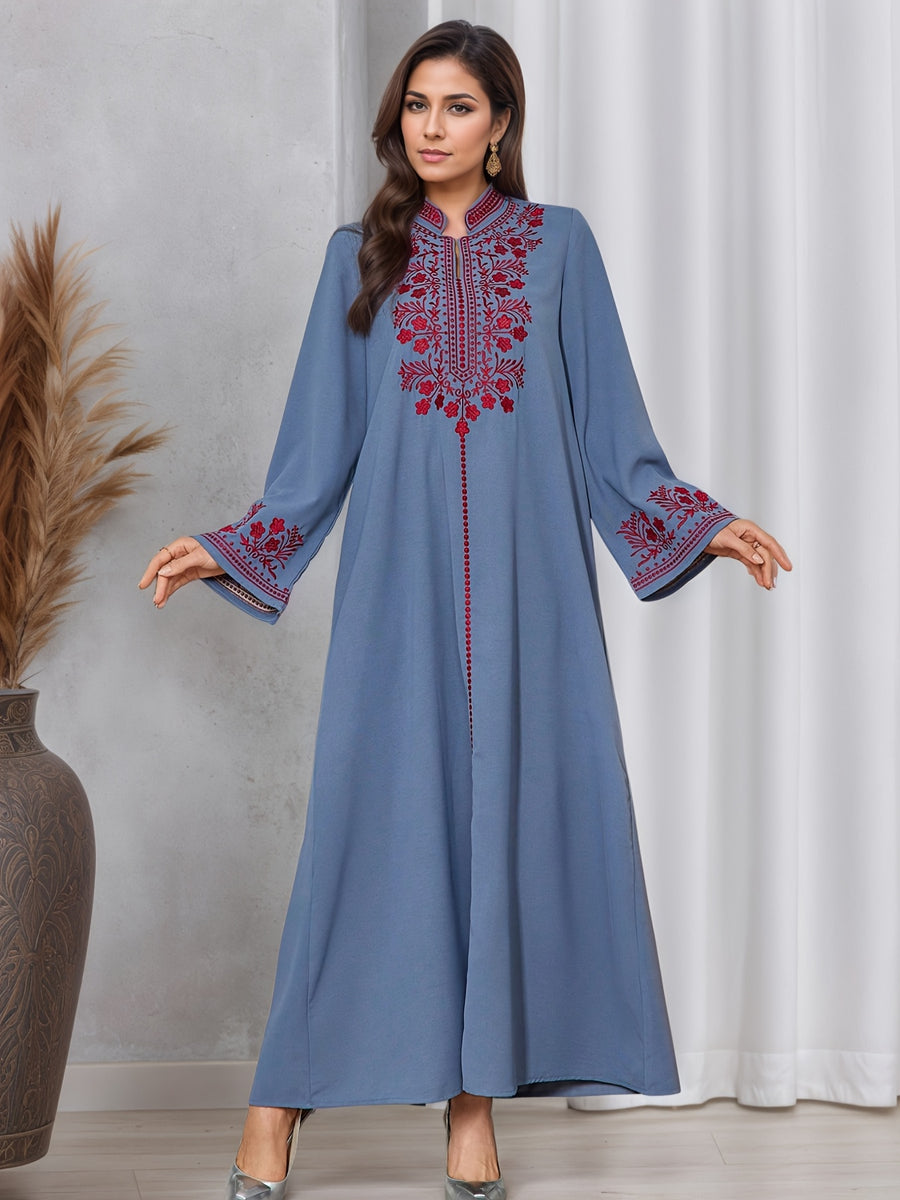 2026 New European, American, Muslim, Middle Eastern Fashionable And Elegant Gold Plated Lace Lace Long Sleeve Robe Dress - Royal Blue