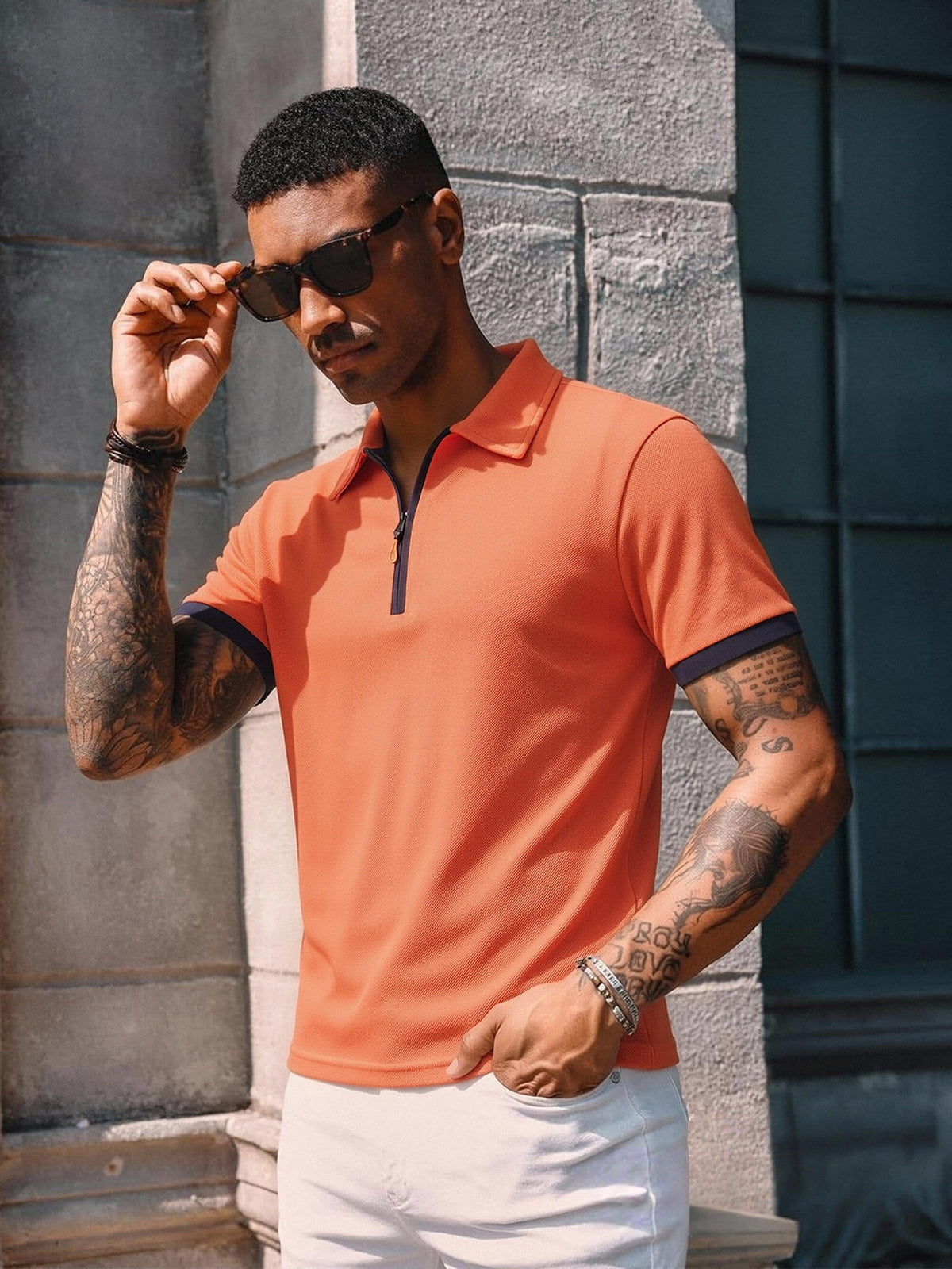 Summer New Men'S Half-Zipper Collar Short Sleeve Polo Shirt Casual Loose All-Match Polo Shirt - Orange