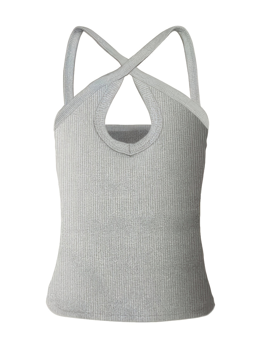 Women's Summer Solid Color Ribbed Fashion Sexy Heart Cut-Out Camisole - Ash
