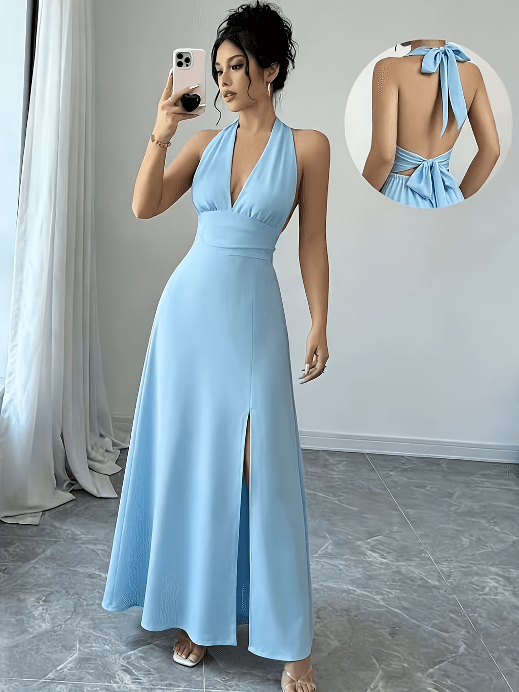 Women's Elegant Solid Color Sleeveless Bow Tie Back Tie Hem Slit Dress - Light Cyan