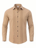 Men'S Fashion Top, Long Sleeve Gualabera Shirt with Pleated Front, Casual Shirt for Vacation, All-Season Casual Style - Khaki