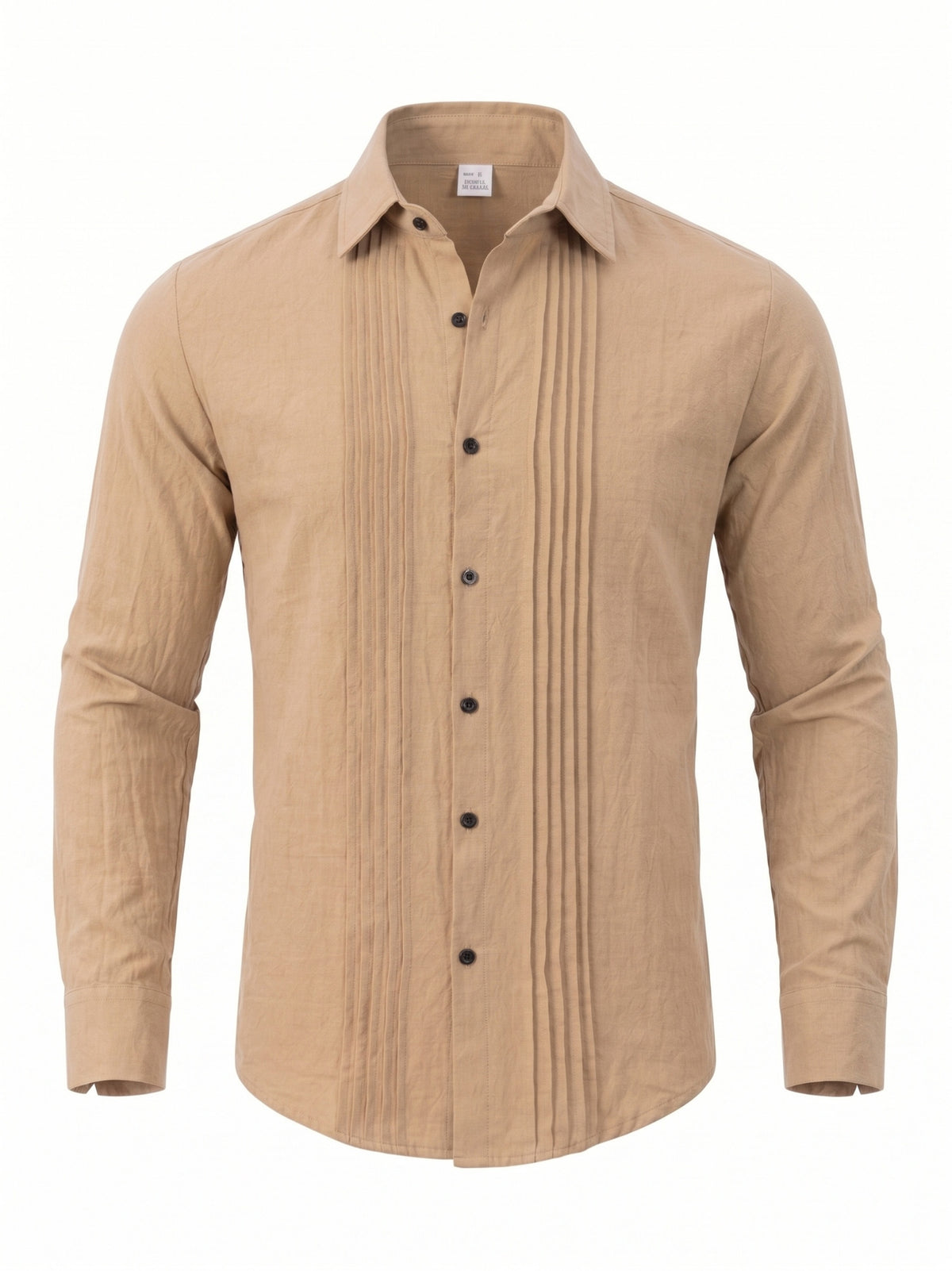 Men'S Fashion Top, Long Sleeve Gualabera Shirt with Pleated Front, Casual Shirt for Vacation, All-Season Casual Style - Khaki