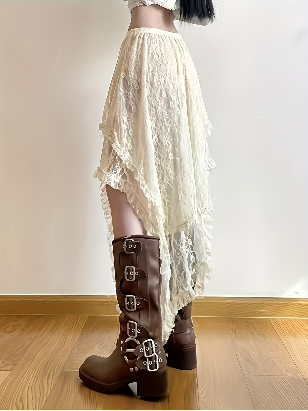 1307 Versatile Layered Irregular Lace Skirt, Bohemian Vacation Style Half Skirt - Beige