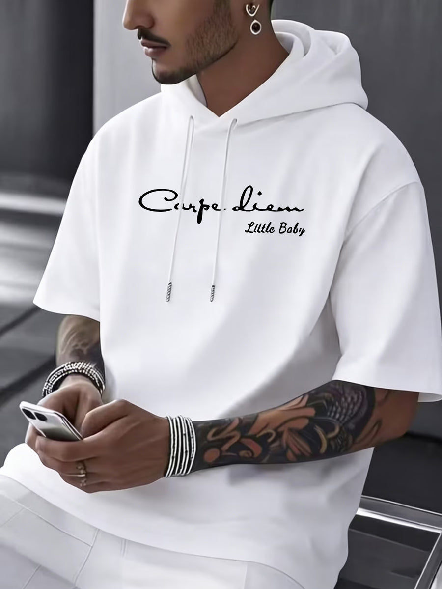 Men'S Print Short-Sleeve Hoodie, Casual Drawstring Hooded Short-Sleeve T-Shirt, Loose Oversized Street Style Casual Wear T-Shirt - White