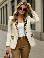 Women's Leopard Print Patchwork Fashion Slim Fit Blazer Commuter Jacket - Apricot