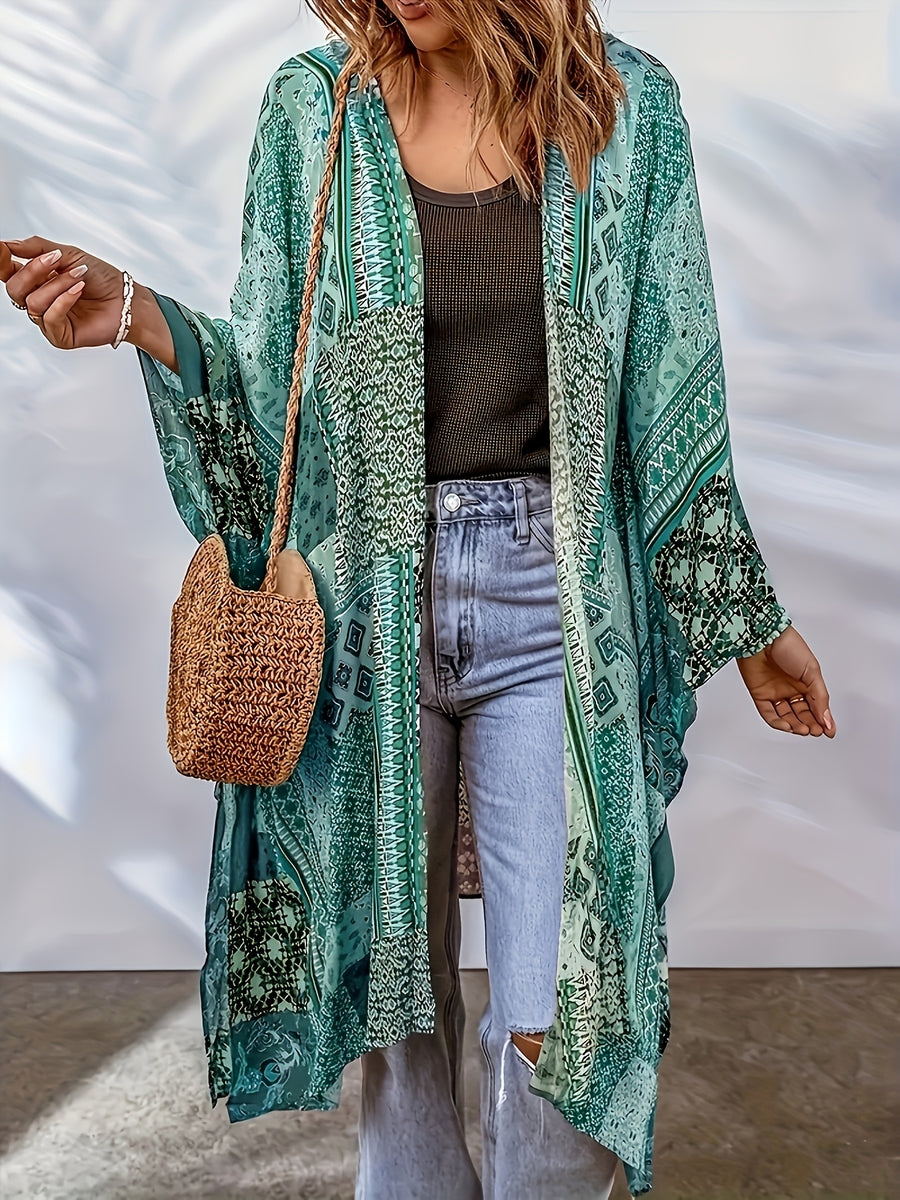 Women's Bohemian Casual Elegant Beach Vacation Summer Thin Long Sleeve Jacket - Emerald Green