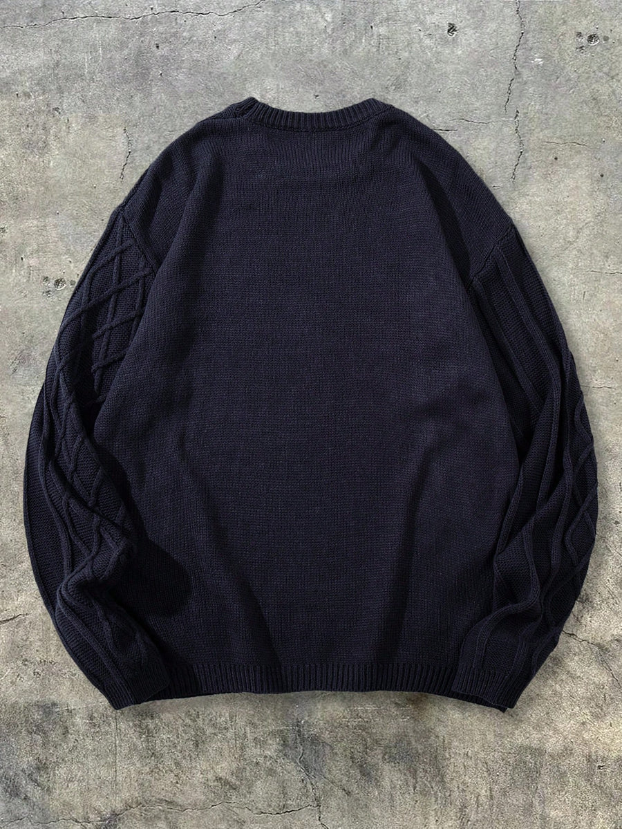 Autumn Winter Men'S Old Money Style Round Neck Asymmetrical Checkered Cable Knit Basic Solid Color Versatile Sweater - Black