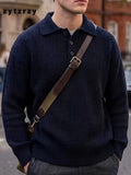 Men's Casual Sporty Sweater, Knit Pullover, Men's Chunky Knit Polo Cardigan, Comfortable Fit, Casual and Simple with a Relaxed, Easy-going Style, Featuring a Button- Collar Design. Suitable for Layering in Spring and Autumn, Urban Daily Wear - Navy Color