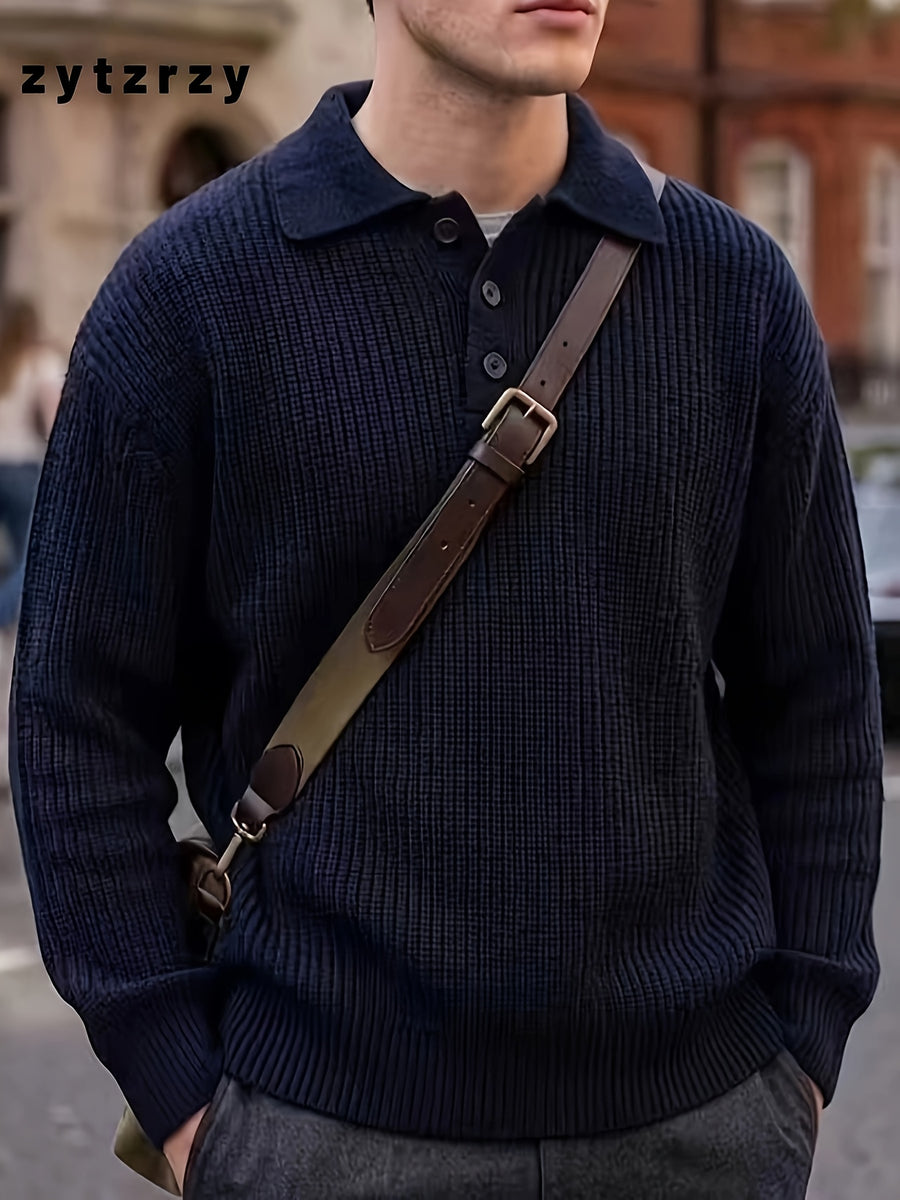 Men's Casual Sporty Sweater, Knit Pullover, Men's Chunky Knit Polo Cardigan, Comfortable Fit, Casual and Simple with a Relaxed, Easy-going Style, Featuring a Button- Collar Design. Suitable for Layering in Spring and Autumn, Urban Daily Wear - Navy Color