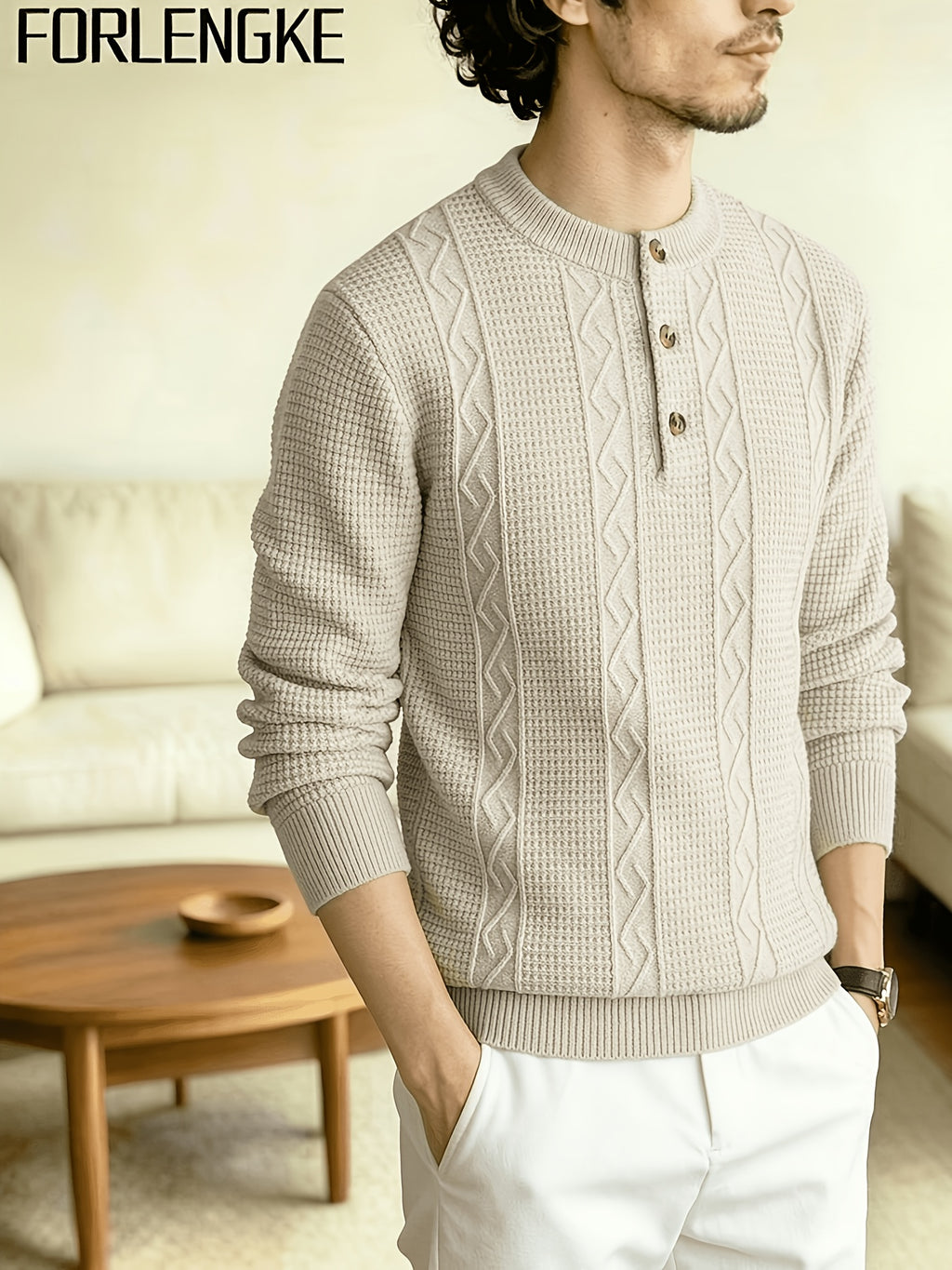 FORLENGKE Men Business Casual Henley Collar Cable Knit Sweater, Soft Warm Long Sleeve Pullover Tops for Autumn Winter Office Daily Wear - Flower Rice