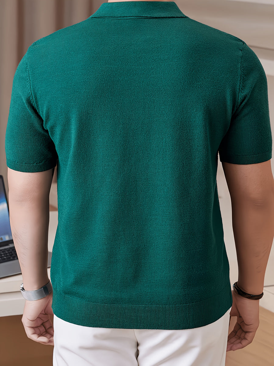 Summer New Short Sleeve Men'S Collared Polo Shirt, Fashionable Easy All-Match Zipper Knit Top, Casual Top - Green