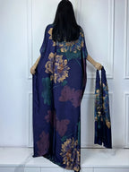 WINYI Leopard Print Boat Neck Abaya, Elegant Short Batwing Sleeve Loose Dress for Women'S Clothing - Navy Color