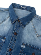 Men's New Spring/Autumn American Western Denim Shirt, Gradient Washed & Distressed Finish, Workwear-Style Lapel Long Sleeve, Double Pockets with Contrast Stitching, Regular Fit, Daily Commute & Streetwear, Wearable as Inner or Outer Layer - Sea Blue