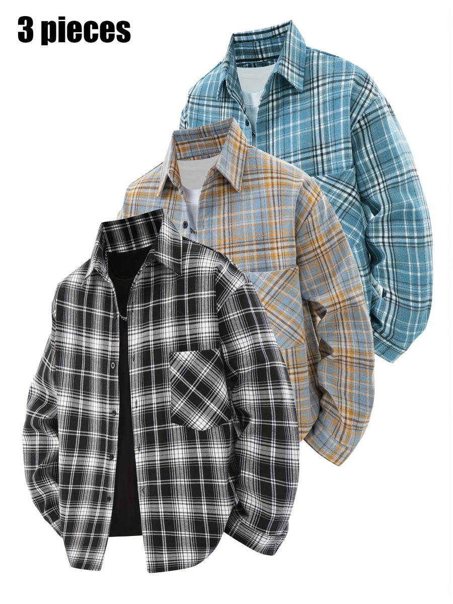 3pcs Set - Men'S Spring/Autumn Lapel Plaid Shirt Youth Outdoor Casual Trendy Top Men'S Fashion Versatile Jacket - Black+Yellow+Sky Blue