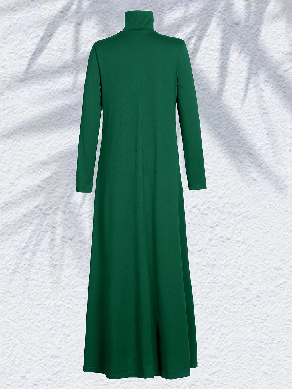 Women'S High Neck Long Sleeve Casual Loose Solid Color Long Dress - Dark Green