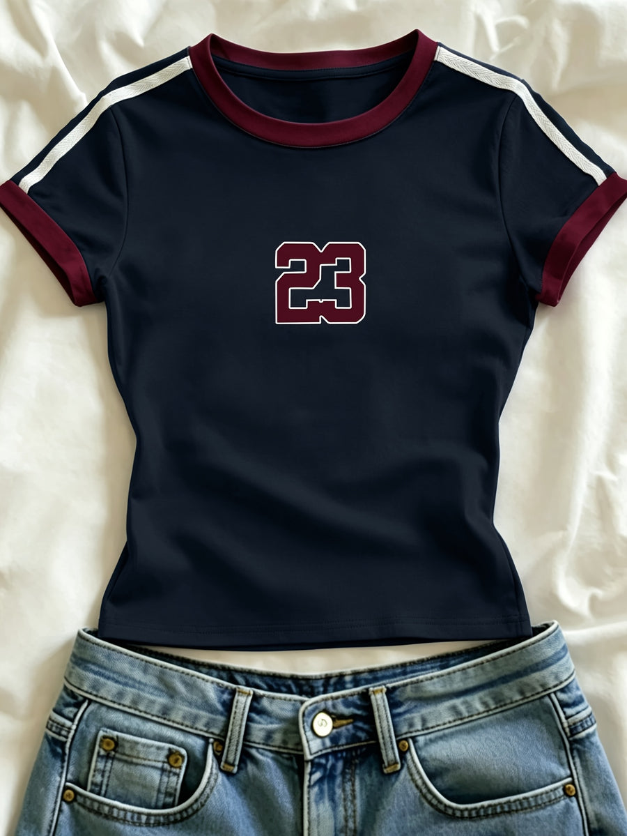 1pc Western Fashion Spring Summer Campus Style Square Shoulder Round Neck Contrast Slim Fit Women'S T-Shirt, Easy Number Pattern Women'S T-Shirt - Navy Blue 4