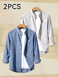 2pcs Set Stand Collar Striped Shirt; Spring/Autumn Loose Fit Casual Business Simple Versatile Top; Daily Commute Breathable 2pcs Men's Outfit - Blue+Light White