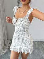Women'S Vintage Ruffled Hem Fitted A-Line Dress, Elegant Sexy French Waist-Cinching Tight Summer Dress - White