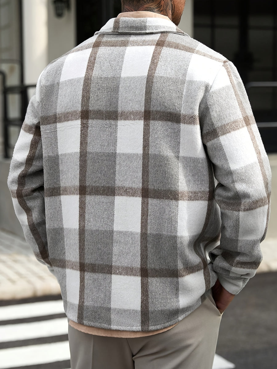 Men's Casual Plaid Long-Sleeve Jacket, Multi-Pocket Long-Sleeve Shirt, Autumn/Winter Flannel Outerwear, the Perfect Holiday Gift for a Boyfriend or Husband - Grey